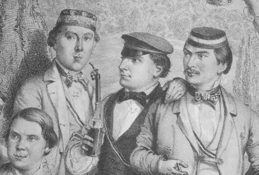 Georg Krug, später Rechtsanwalt in Darmstadt; Karl von Neidhardt, Max Westermann, später Zahnarzt in Lebanon/Illinois; links unten: Wilhelm Musset, später k. u. k. Major